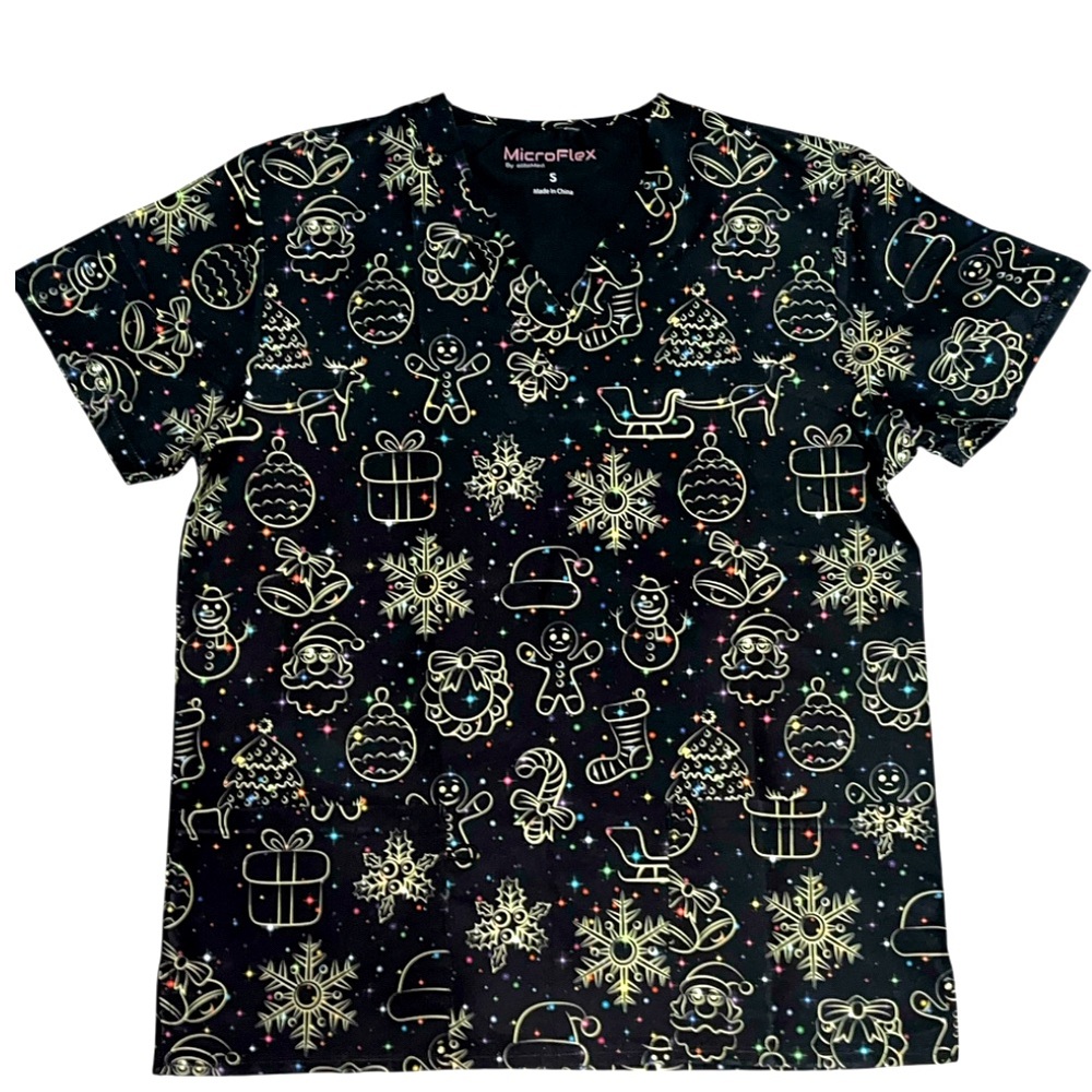 Festive Black Colorful Scrub Top NWT